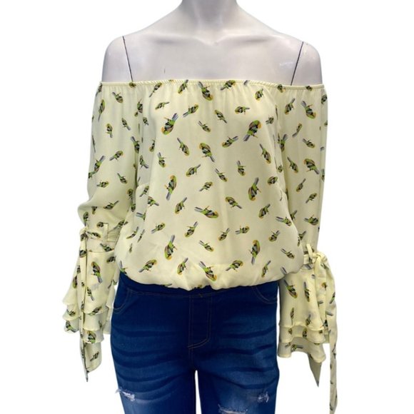 La Pateau Ruffle Tie Sleeve Off The Shoulder Top Yellow Size XL NWT - Picture 1 of 2